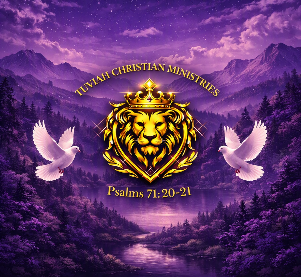 Tuviah Christian Ministries crowned lion crest with doves over a purple mountain valley