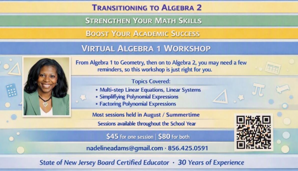 Virtual Algebra 1 Workshop with Nadeline Adams — transitioning to Algebra 2