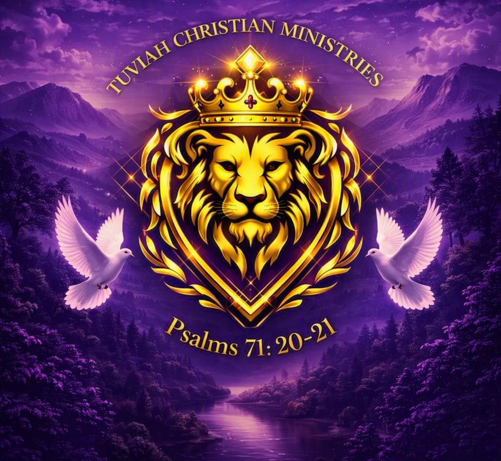 Tuviah Christian Ministries gold lion crest with doves over a purple valley